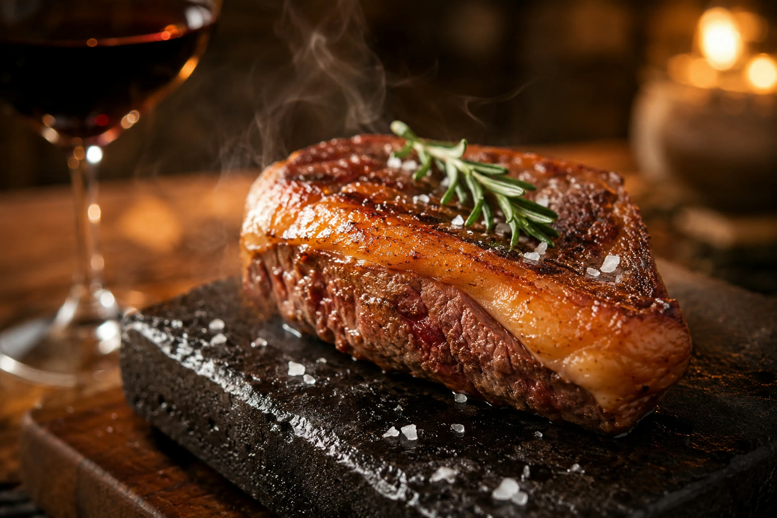 Corte de carne sellándose sobre piedra volcánica en La Era